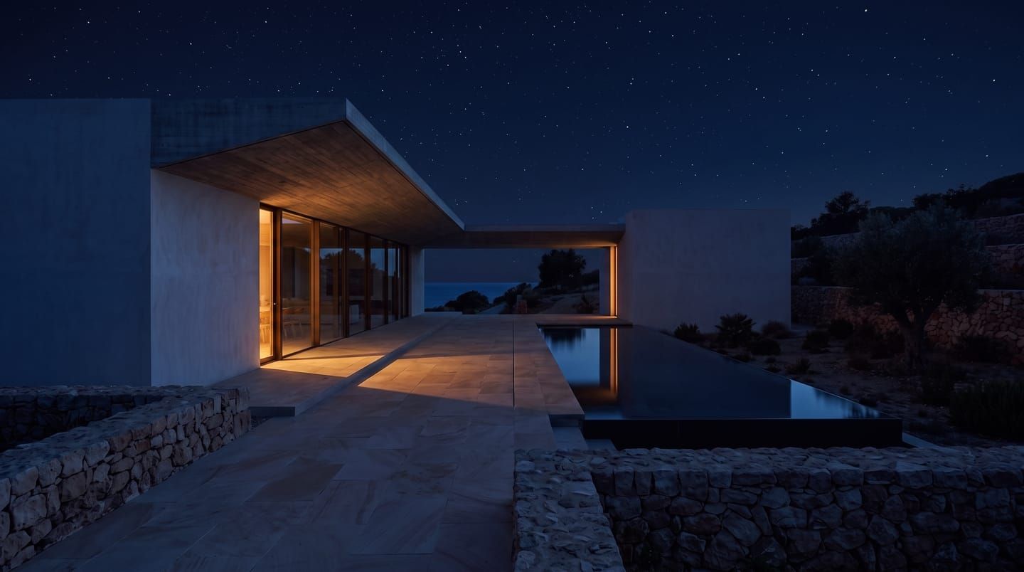 Ponente at night: the house dark under stars, a single window warmly lit, its reflection in the black pool.