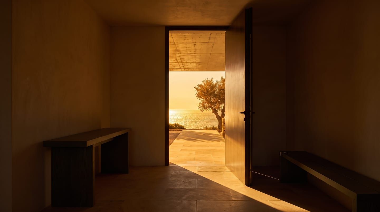 The threshold of Ponente: the bronze door ajar, golden light across the stone floor, the sea beyond.