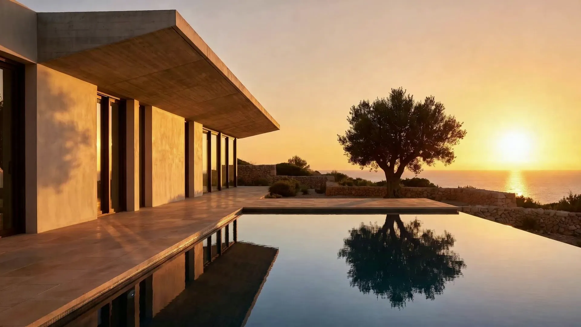 The living terrace of Ponente at golden hour: the open glass wall, the olive stirring, the low sun over the sea.