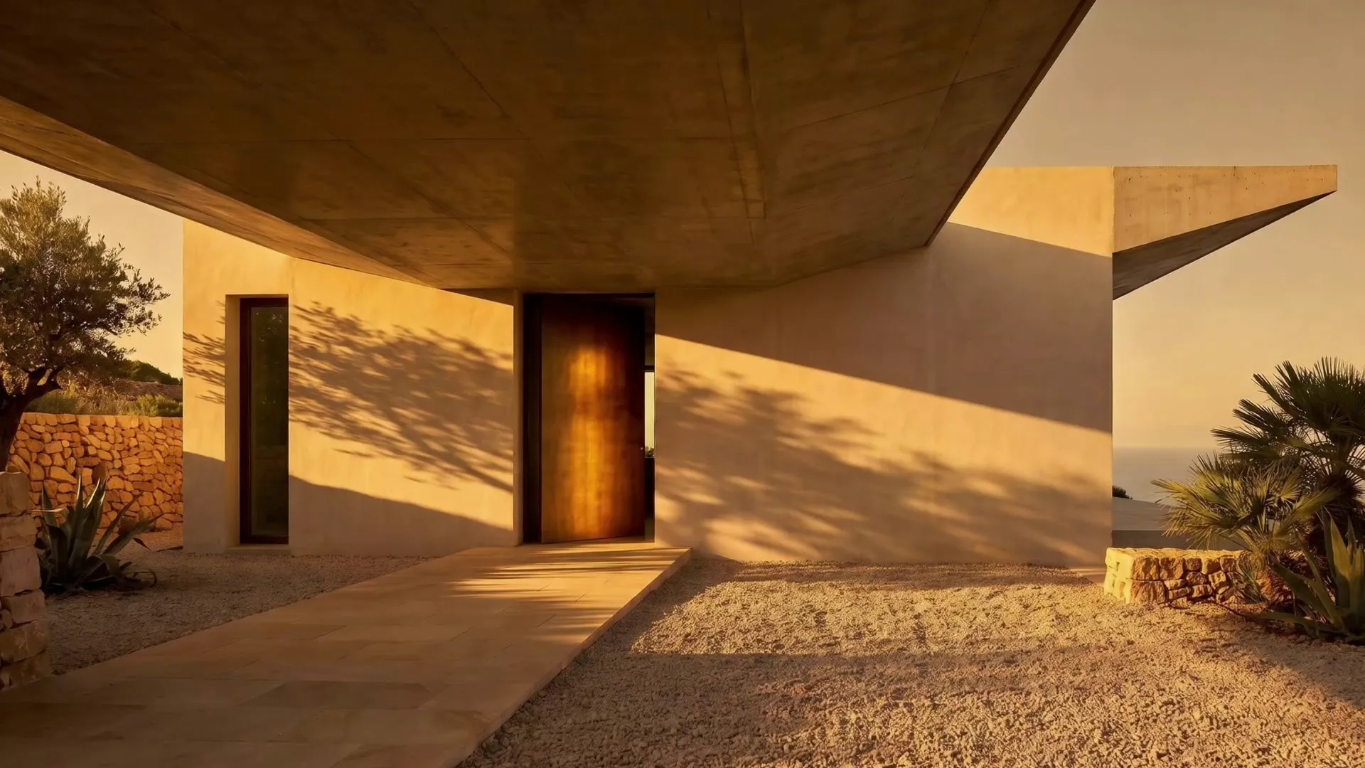 The arrival court at 19:12: the camera pushing toward the bronze door, low golden light raking the plaster.