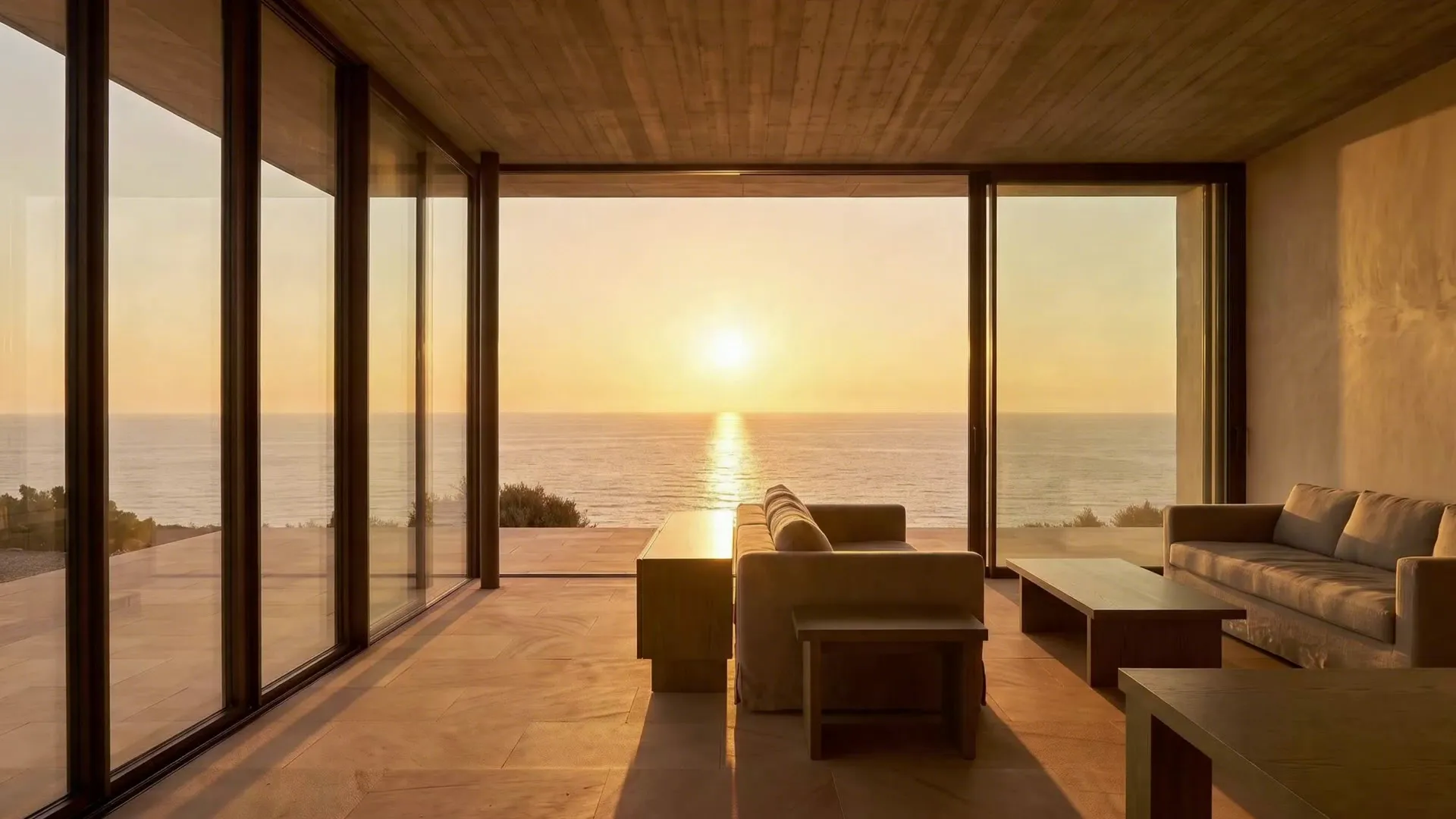 The west room at 19:31, the camera gliding toward the open glass wall and the low sun over the sea.