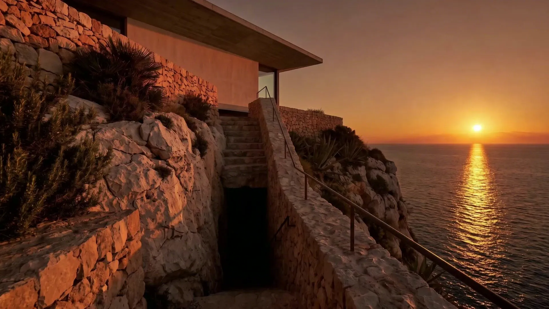 The stair cut into the cliff at 19:47, the camera drifting down toward the sea, ember light on the rock.